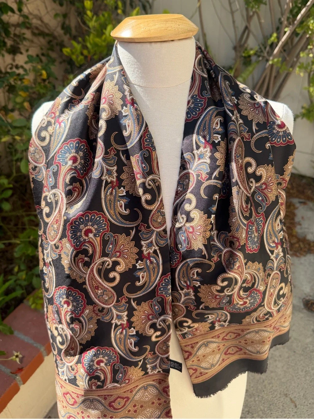 Black Paisley Silk-Feel Scarf with Gold & Red Accents